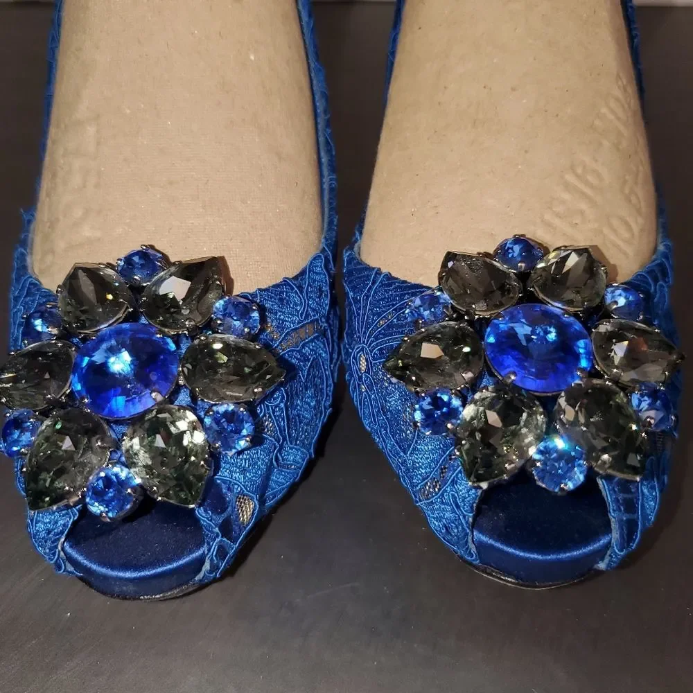 DOLCE & GABBANA Taormina Lace Crystals Blue Peep Toe Pump Heel Twee 39.5 - Picture 5 of 15